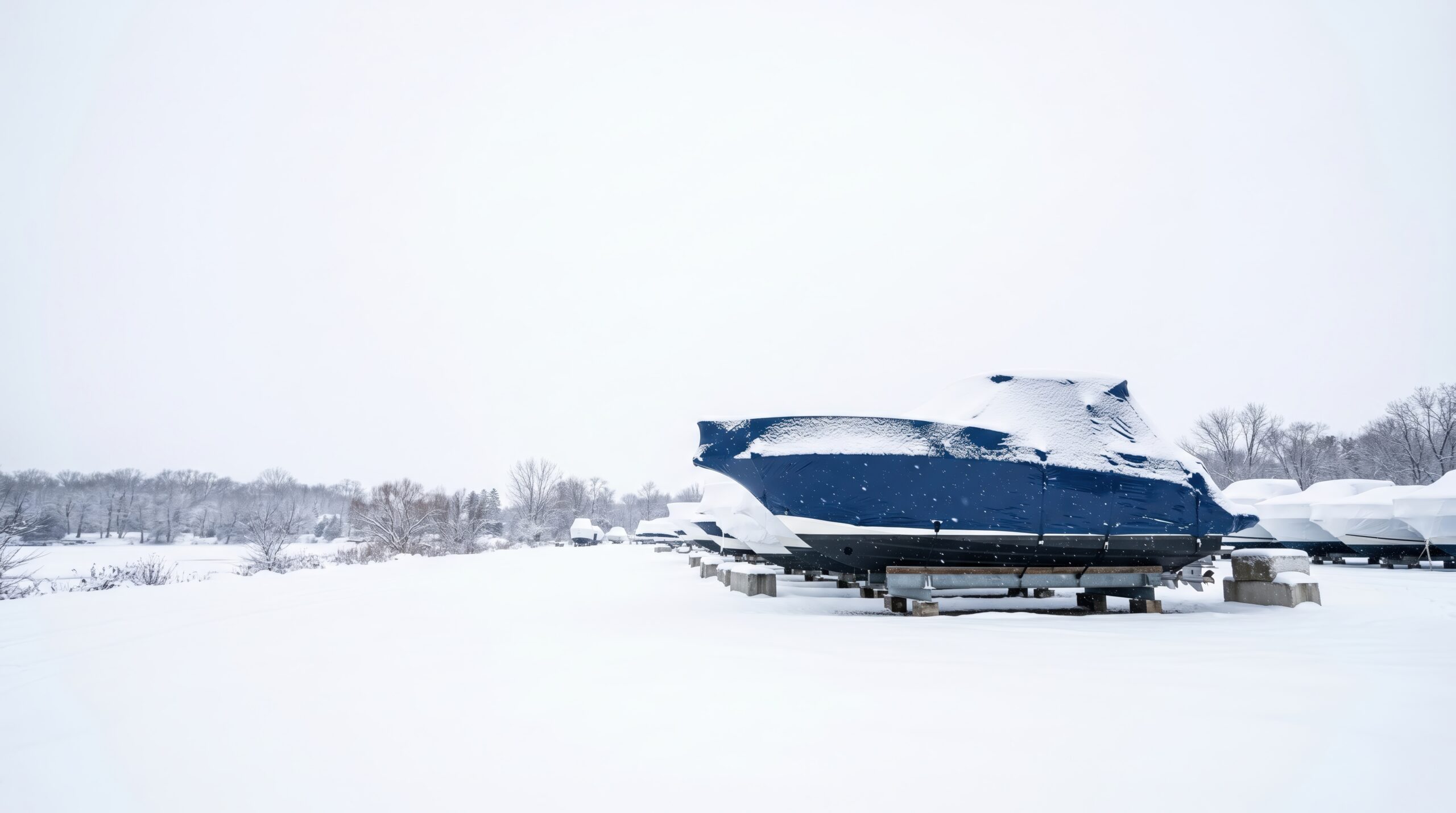 Covered boats stored outdoors in winter snow